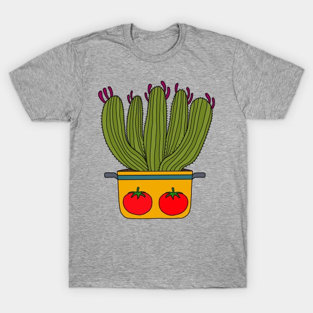 Cute Cactus Design #156: Saguaro Cacti In A Pot With Tomato Design T-Shirt by DreamCactus